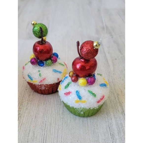 Glitter Sparkle Cherry cupcake bakery set ornament Xmas decor - Picture 4 of 7